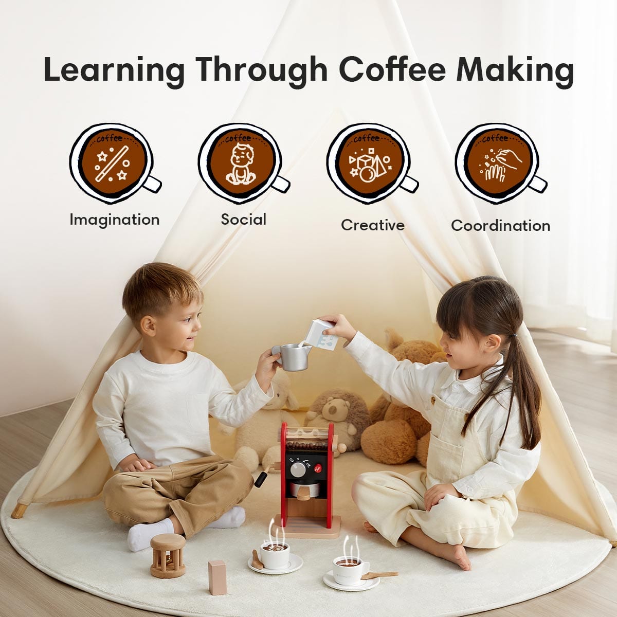 a picture of a girl and a boy are playing around the wooden coffee maker toy set.