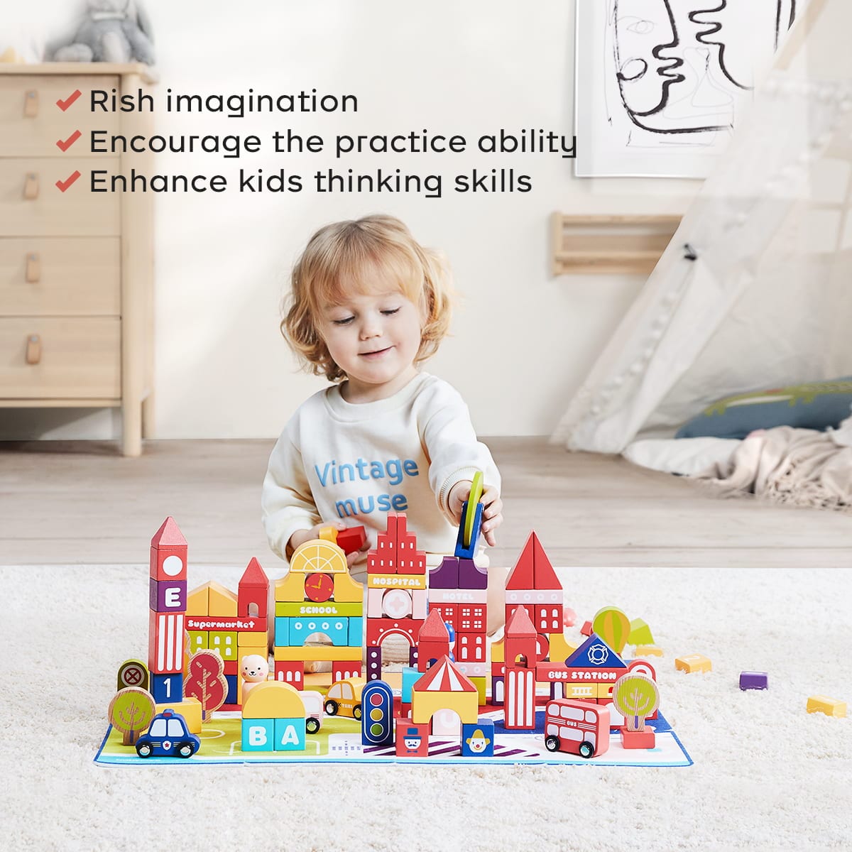 120pcs Educational STEM Wooden Building Blocks Set with Multiple Shapes ...