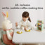 an image of a girl is sitting next to the table playing with the rabbit doll.