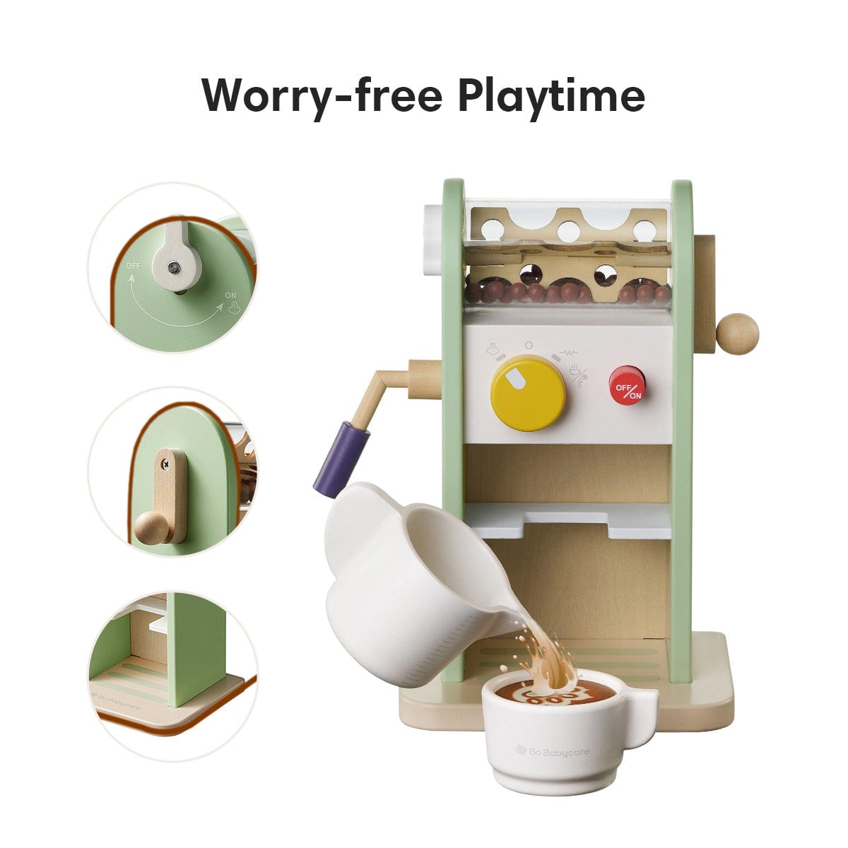 a picture of green wooden coffee toy sets with 3 close-up shot of the components.